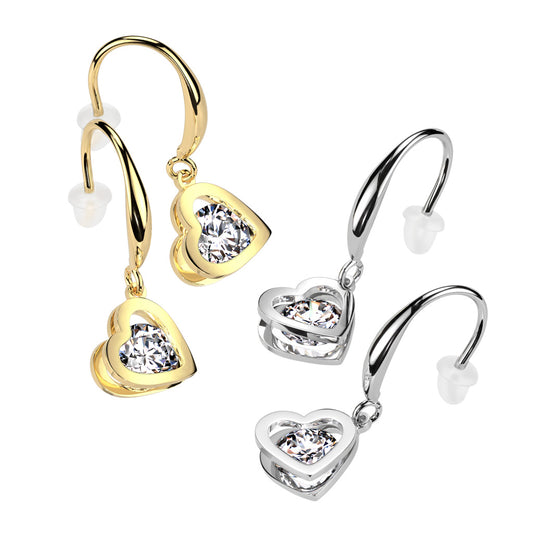 Hook-style, stainless steel earrings featuring a captivating heart design with a stunning cubic zirconia nestled within the heart. 316L Surgical Steel. Shown in surgical steel and gold plated.