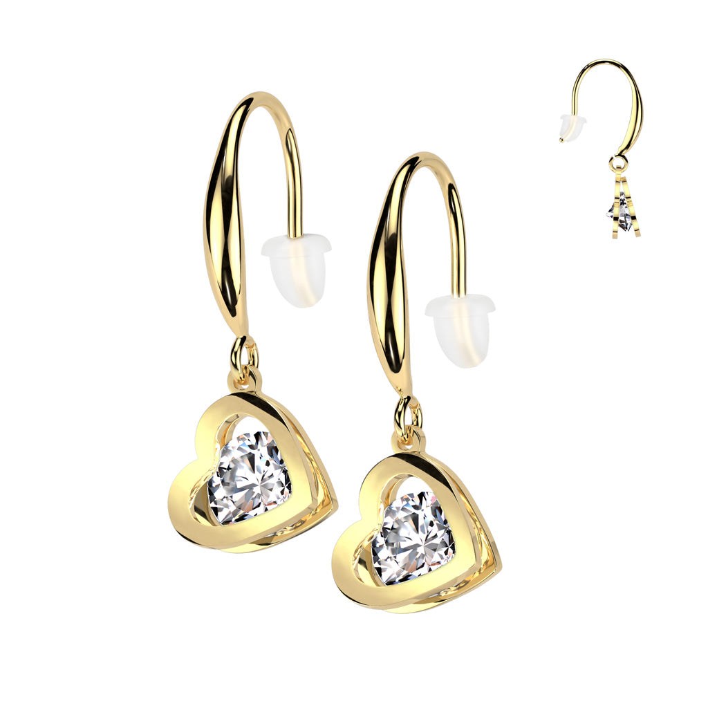 Hook-style, stainless steel earrings featuring a captivating heart design with a stunning cubic zirconia nestled within the heart. Shown in gold plated. 316L Surgical Steel.