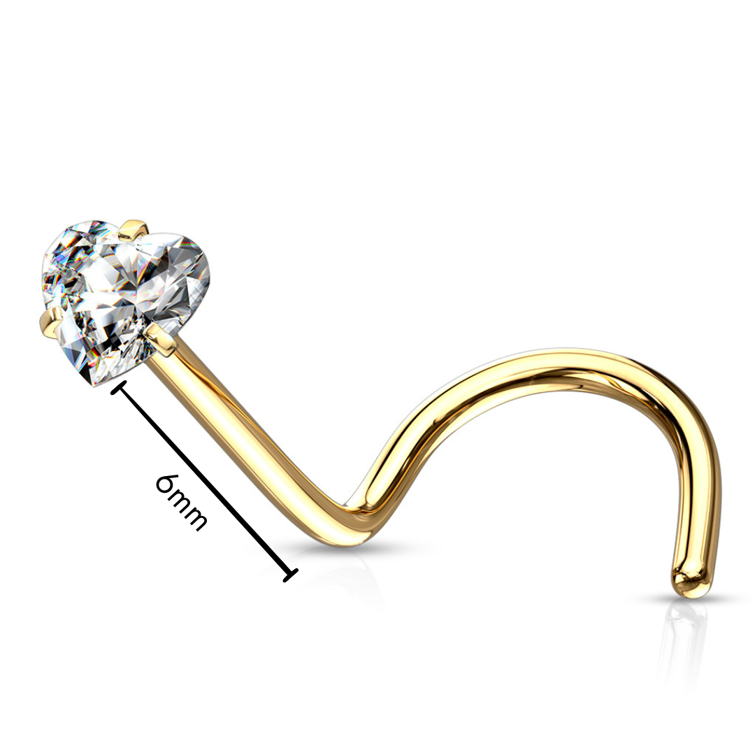 316L Surgical steel nose screws with a gorgeous prong set 3mm heart shaped cubic zirconia. Available in steel, gold plated or rose gold titanium ion plating.