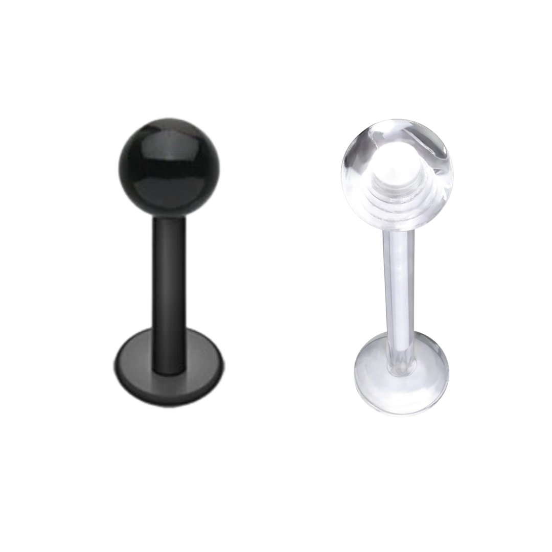 Two BioFlex flat-back labret stud piercings with acrylic ball tops on a white background, featuring one opaque solid black style on the left and one completely clear transparent style on the right.
