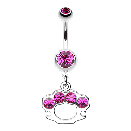 A belly ring with a silver-colored band and teal colored jewelled brass knuckles.