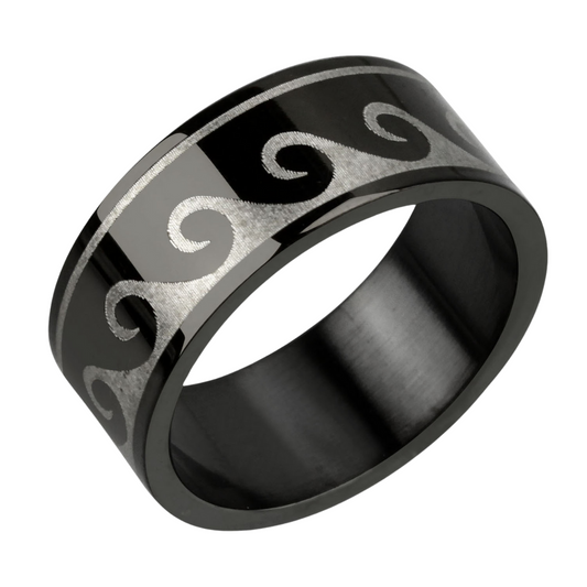 Rings - Black Band with Ocean Wave Design