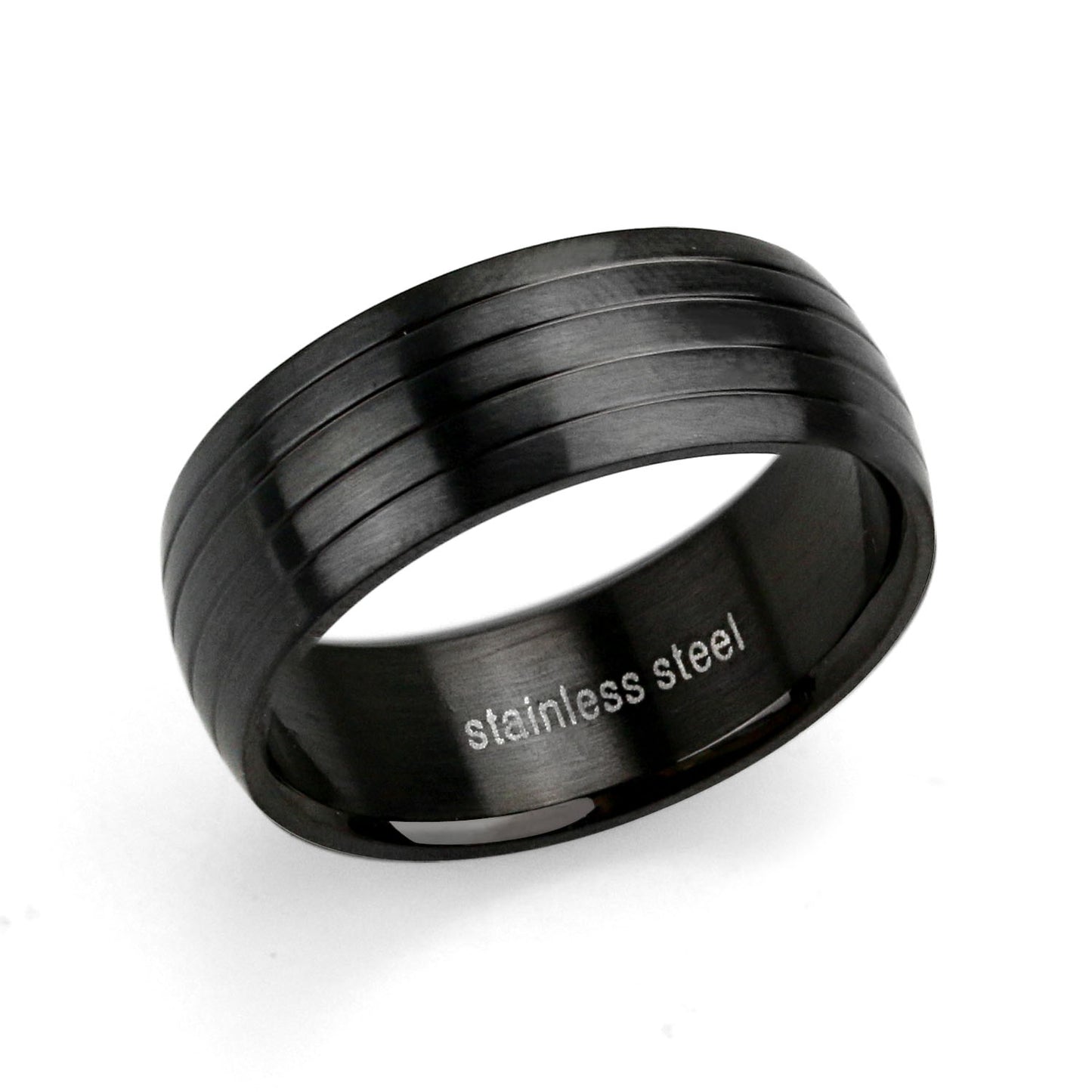 Black plated stainless steel ring with four grooves.