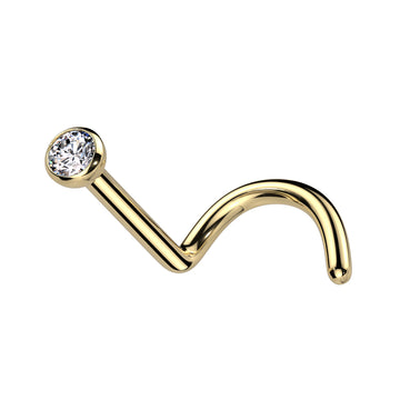 A gold plated titanium nose screw with a clear cubic zirconia gem.