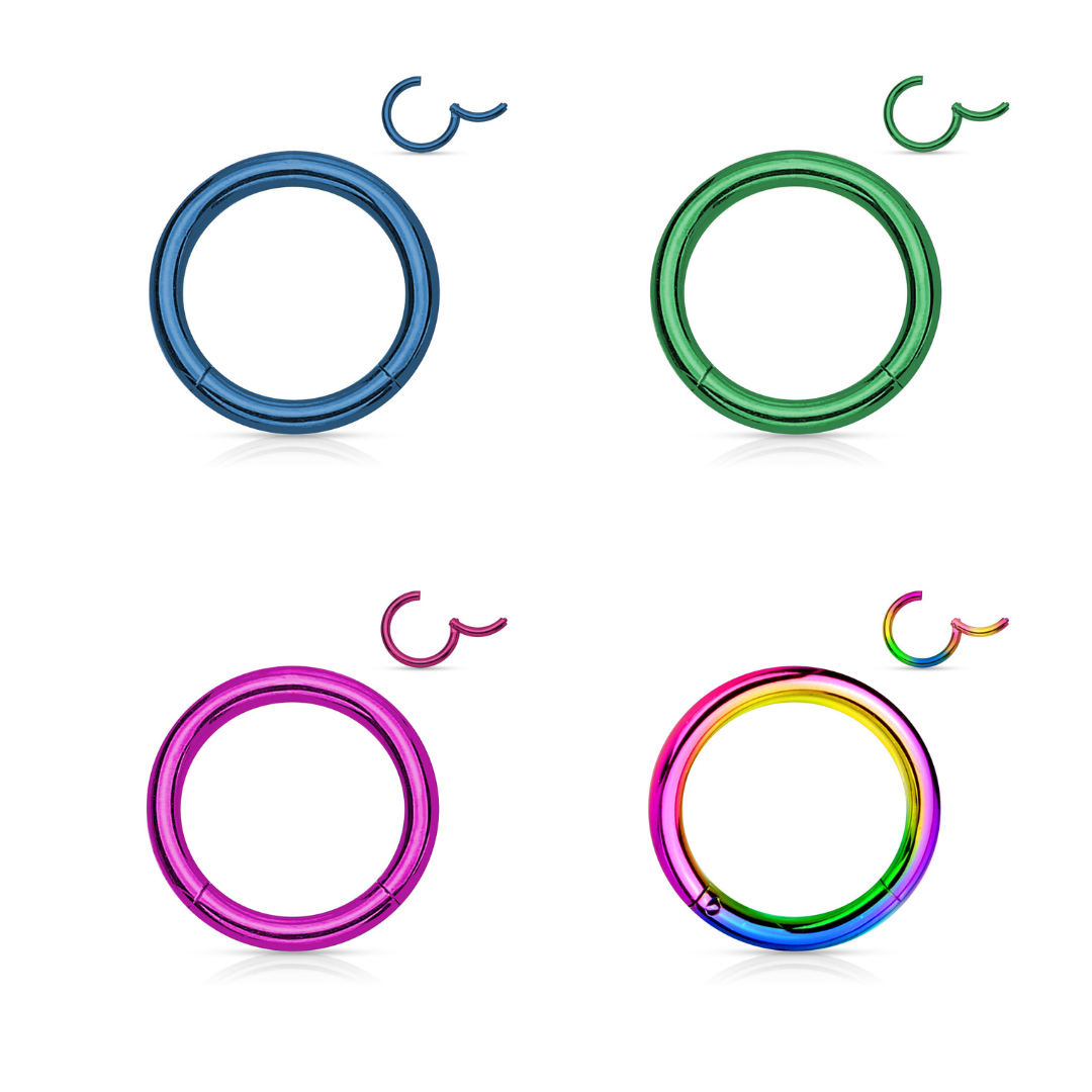 Four titanium hinged segment ring hoops arranged in a two-by-two grid on a white background, shown in anodized dark blue, green, bright purple, and rainbow multi-color finishes, each with a small graphic illustrating the open segment mechanism.
