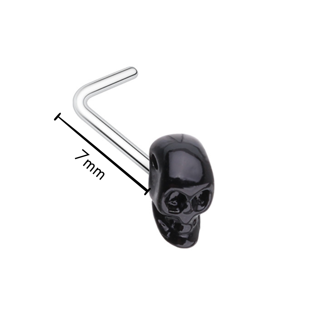 316L Surgical steel nose stud with black 3D skull head design.