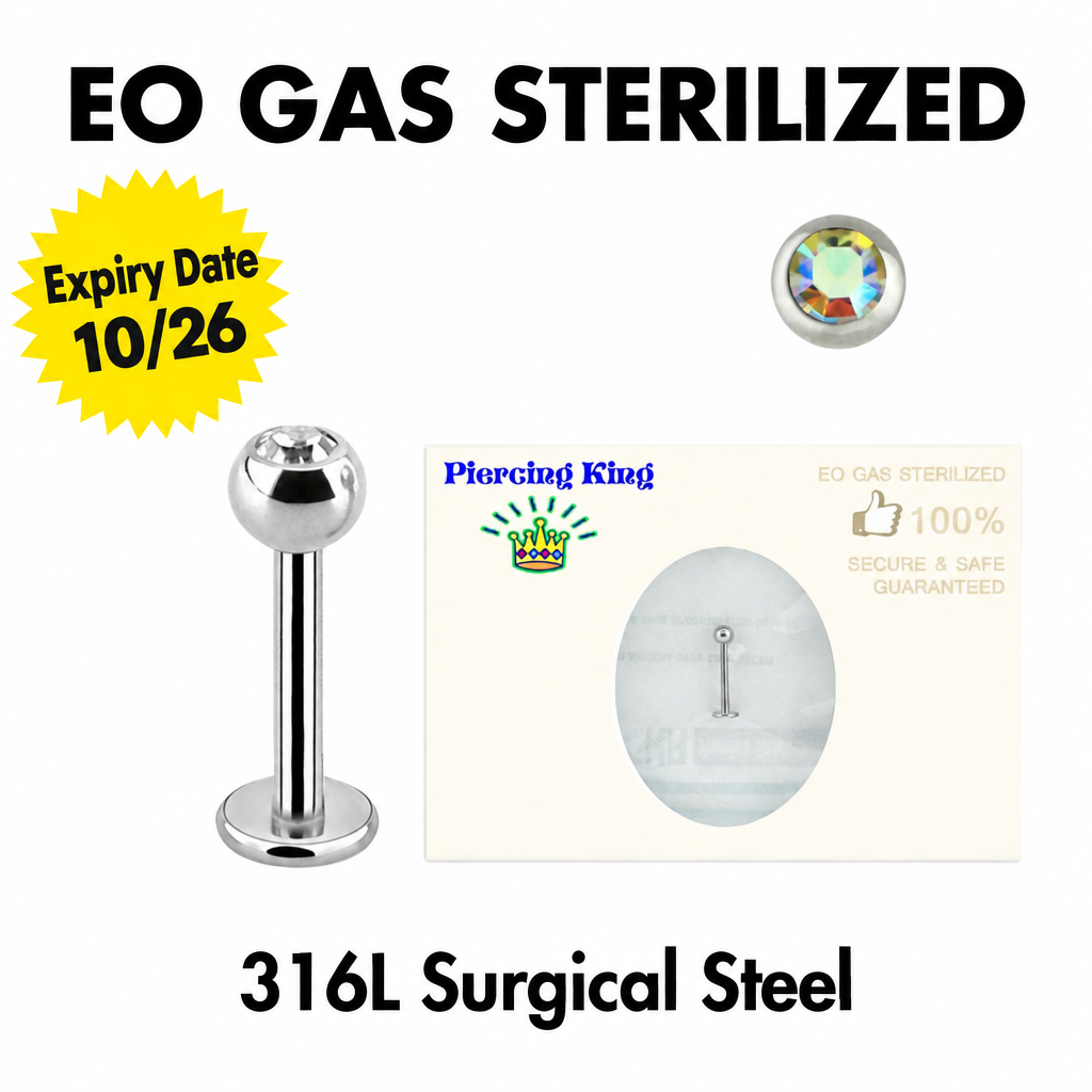 316L surgical steel press-fit or threaded crystal ball labret stud showcasing alternative pink, clear, aurora borealis, and blue cubic zirconia stone tops.