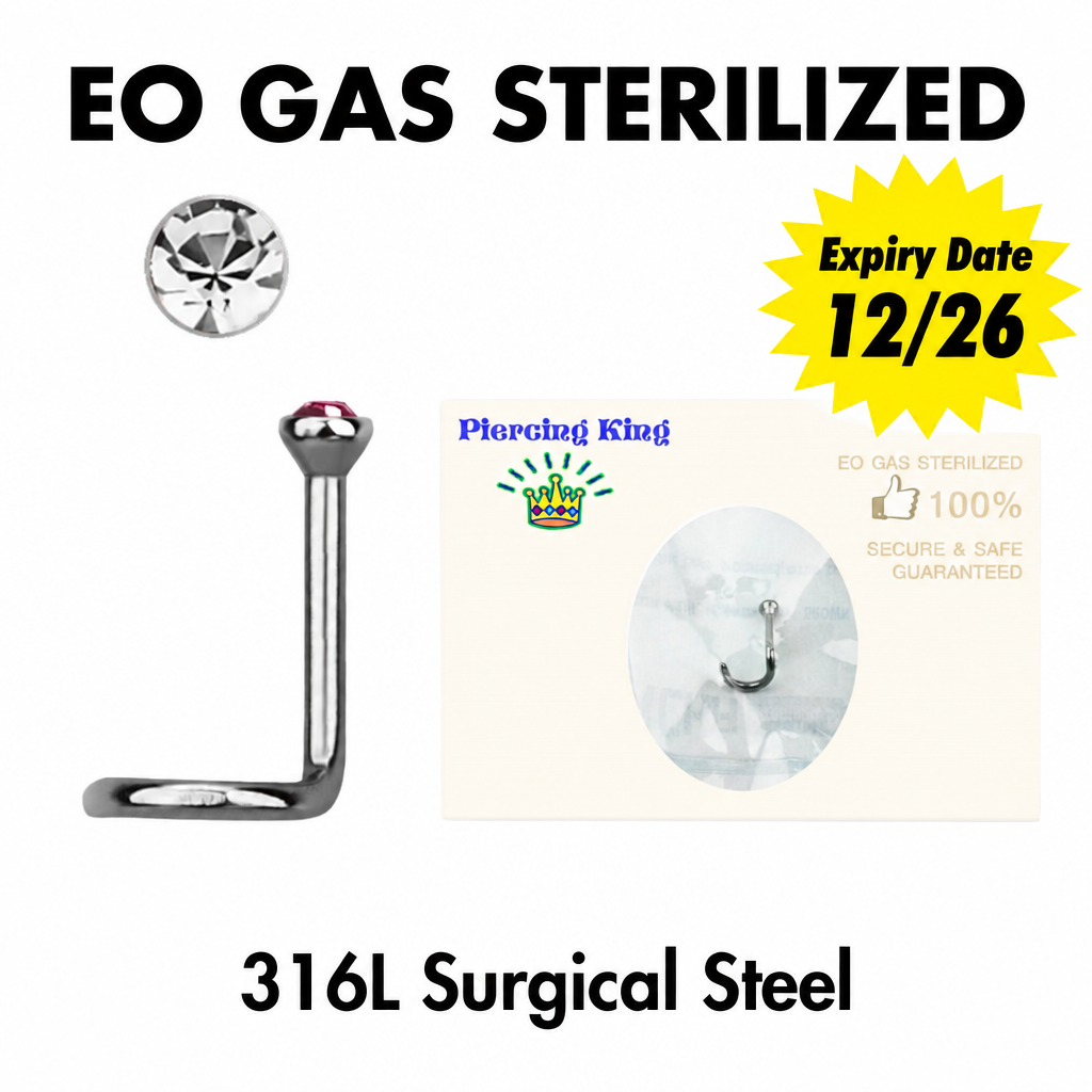 316L surgical steel press-fit round clear cubic zirconia nose screw stud showing single sterile seal pouch packaging.