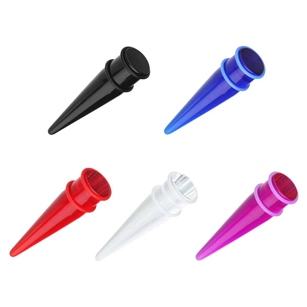 Five translucent cone-shaped ear stretchers in black, blue, red, clear, and pink, arranged on a plain white background.