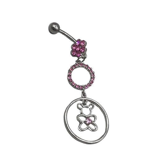 Cute surgical steel belly ring with a bottom gem shaped flower and a dangly small gem covered circle and a bear with a centre gem in a larger circle. Externally Threaded. Shown with pink gems.