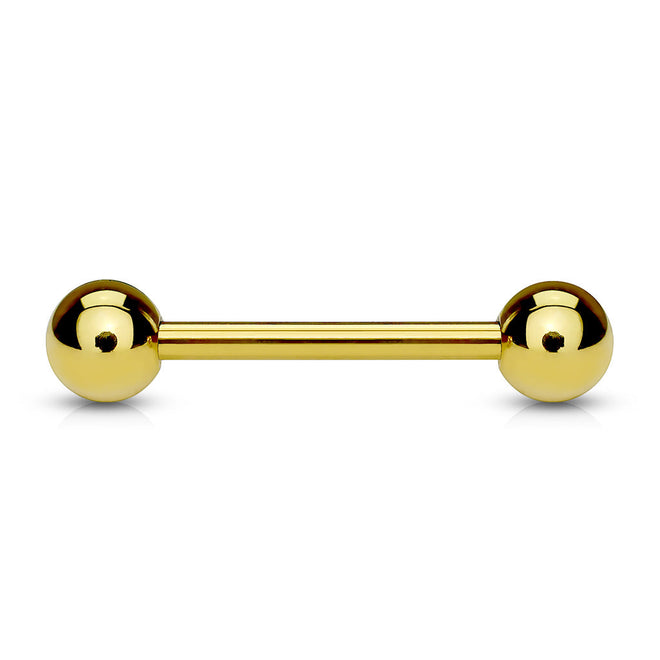 Gold plated over 316L surgical steel tongue barbells.  Externally Threaded.  14 Gauge X 14mm X 5mm - great length for nipple  14 Gauge X 16mm X 5mm - great length for tongue piercing  14 Gauge X 19mm X 5mm - longer barbell to allow for swelling