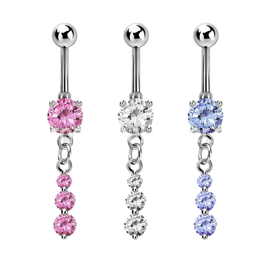 316L Surgical steel belly ring with an elegant timeless design featuring a single bottom gem with a dangly 3 link chain followed by 3 smaller gems that graduate in size.  Externally Threaded. Available in clear, pink or lavender. 14 Gauge X 10mm X 5 & 8mm