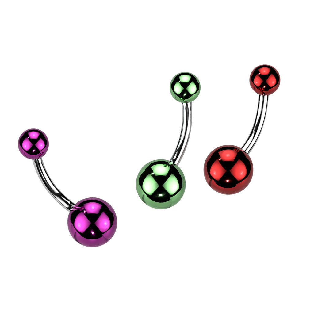 316L Surgical steel belly banana with glass coated acrylic balls.  These are extra shiny!! Externally Threaded.  14 Gauge X 10mm X 5/8mmur