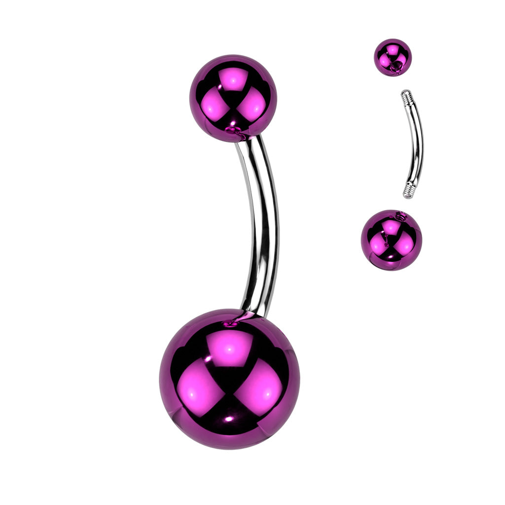 Purple, 316L Surgical steel belly banana with glass coated acrylic balls.  These are extra shiny!! Externally Threaded.  14 Gauge X 10mm X 5/8mmur