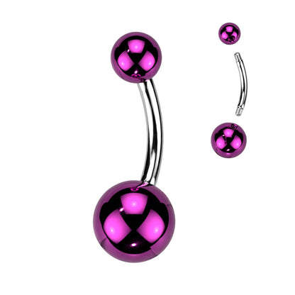 Purple, 316L Surgical steel belly banana with glass coated acrylic balls.  These are extra shiny!! Externally Threaded.  14 Gauge X 10mm X 5/8mmur
