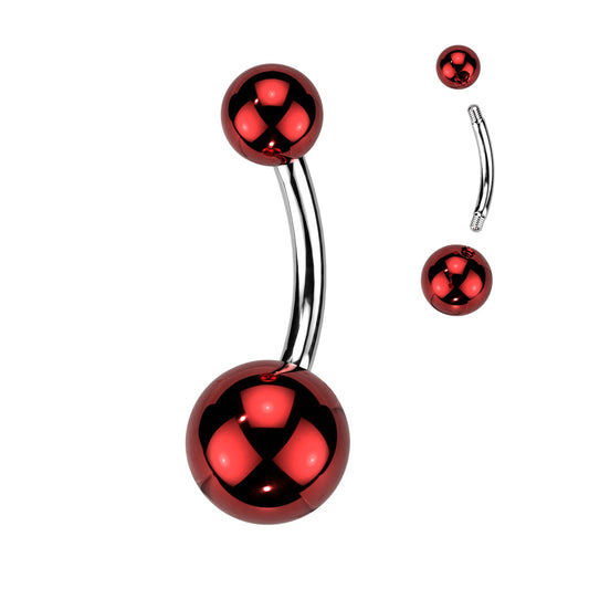 Red, 316L Surgical steel belly banana with glass coated acrylic balls.  These are extra shiny!! Externally Threaded.  14 Gauge X 10mm X 5/8mmur