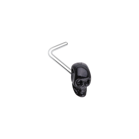 316L Surgical steel nose stud with black 3D skull head design.