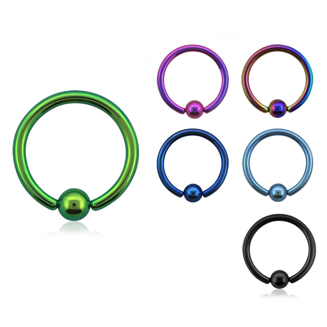 Five titanium anodized captive bead rings of varying sizes displayed on a white background, featuring green, purple, rainbow multi-color, dark blue, light blue, and solid black metallic finishes with matching clip-in beads.