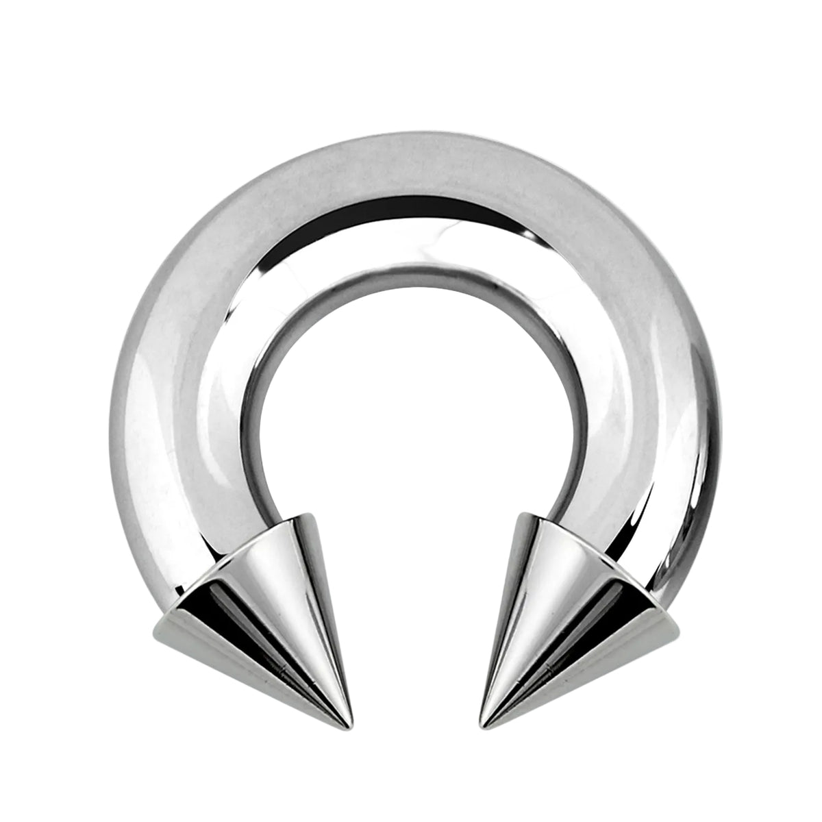 Surgical steel circular barbell horseshoe ring with sharp pointed cone spike ends, thick large-gauge 2g body jewellery.
