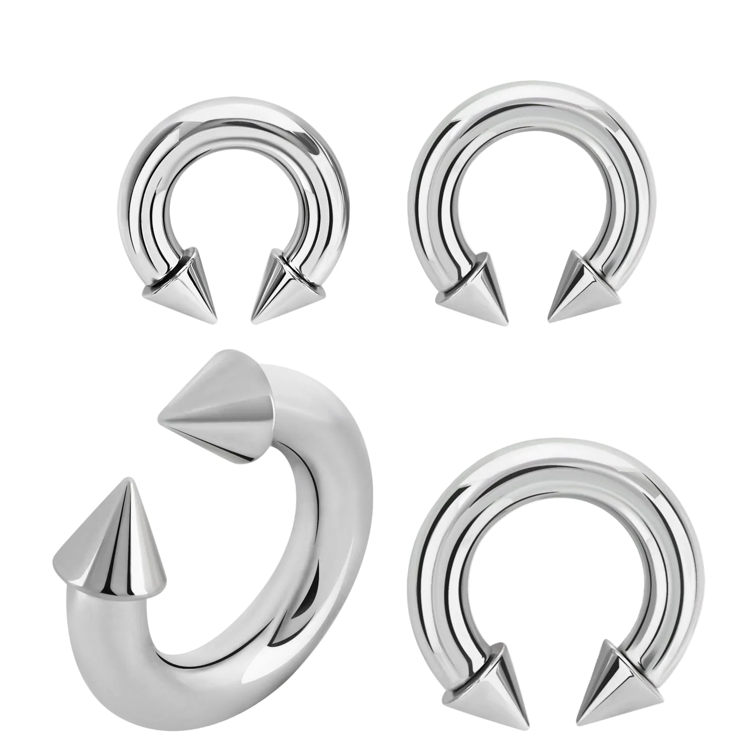 A set of four surgical steel circular barbell with spike ends.