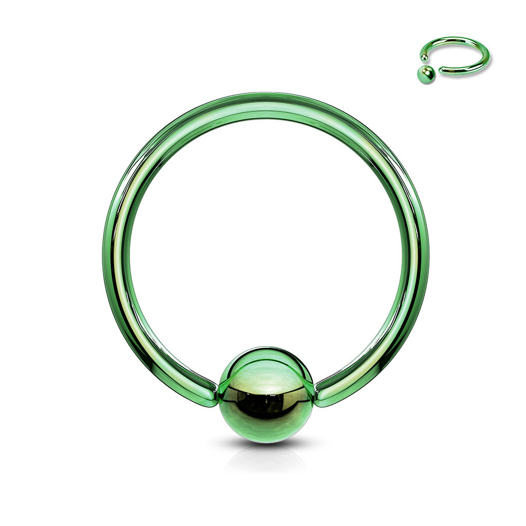One titanium anodized surgical steel captive bead ring in a polished green finish on a white background, featuring a small inset image in the upper right showing the open ring with the clip-in ball detached.