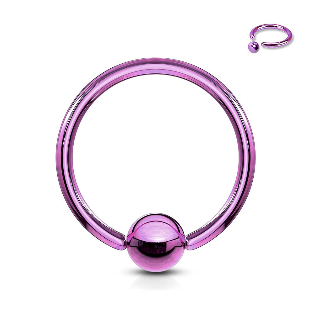 One titanium anodized surgical steel captive bead ring in a polished purple finish on a white background, featuring a small inset image in the upper right showing the open ring with the clip-in ball detached.