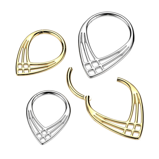 Implant grade titanium hinged segment ring in a chevron shape with a beautiful criss-cross design, available in titanium or gold plated. Great for septum, daith, rook, helix, tragus, or even eyebrow or earlobe piercings.