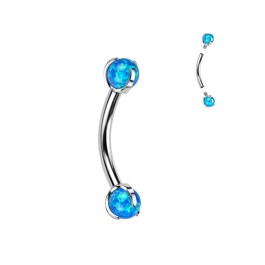 Implant grade titanium curved barbell with internally threaded prong-set glitter opal on each end. These curved barbells are perfect for eyebrow, rook or daith piercings. 16 Gauge X 8mm X 3mm. Ti-6AL4V-ELi ASTM F-136 TITANIUM