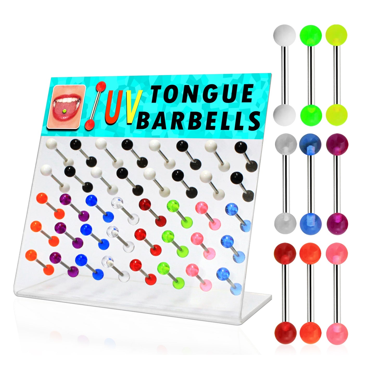 Display Of 40 Plain Coloured Tongue Barbells