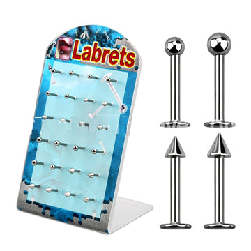 Display Of 24 Steel Labrets Balls/Spikes