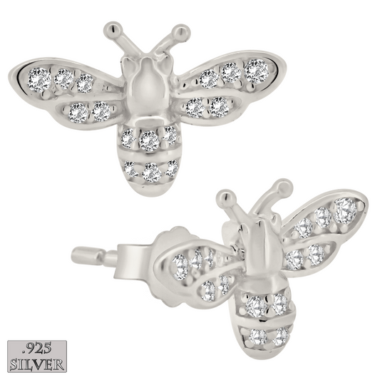 925 Sterling silver earrings with a cute bee design with the wings and body adorned with clear cubic zirconia.