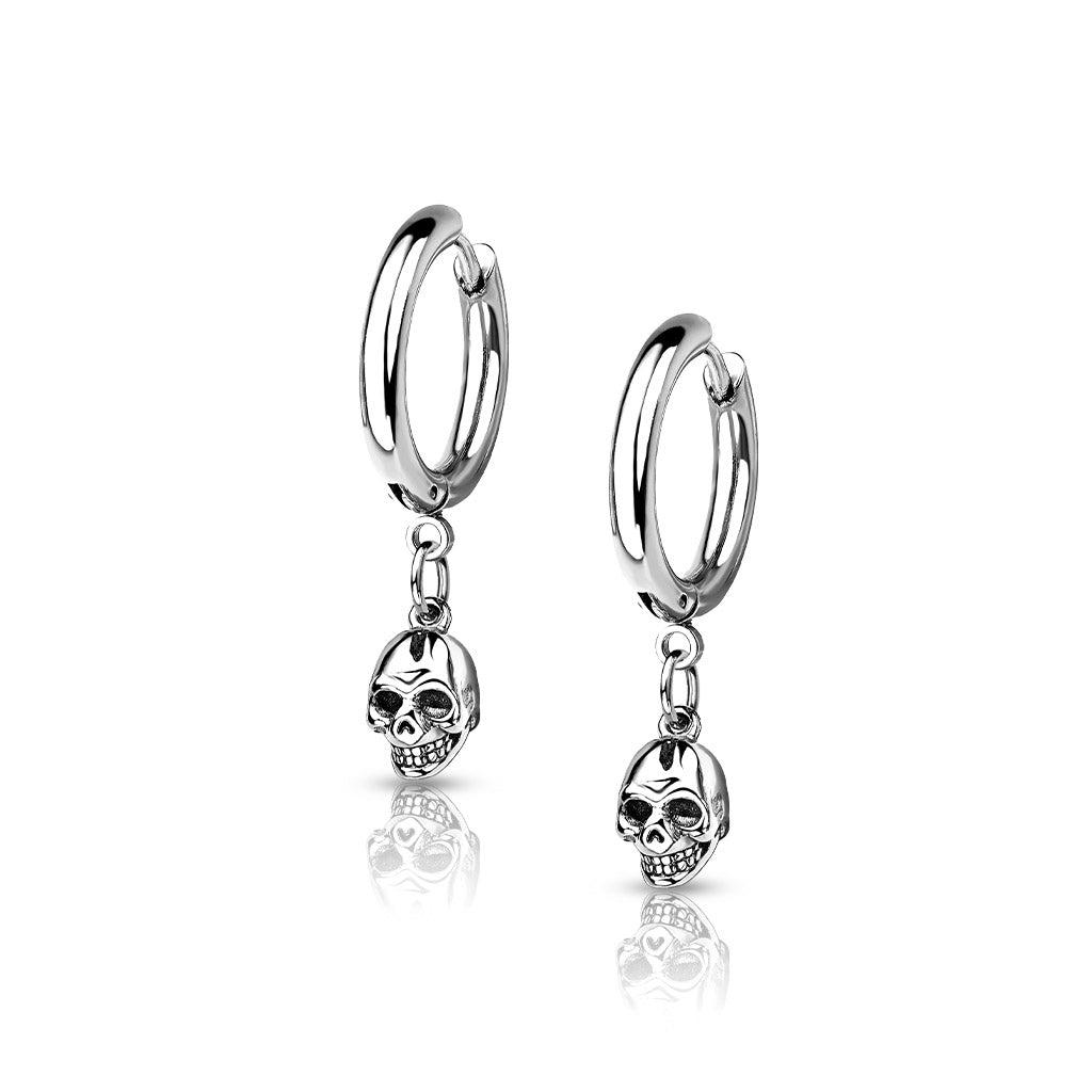  316L Surgical steel hoop earrings with a dangly skull.