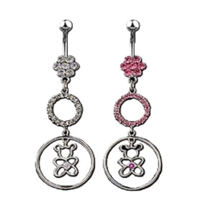 Stainless steel navel piercing jewellery featuring a tiered dangle design. Includes a flower-shaped gem cluster, circular linked accents, and a hollow circular pendant with a teddy bear silhouette in the center. Shown in both clear and pink gemstone variations.