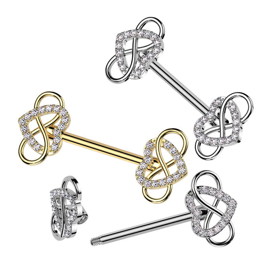 316L Surgical steel nipple barbell with gorgeous cubic zirconia adorned hearts and a swirl flourish, available in surgical steel or gold plated. 14 Gauge X 12mm externally threaded.
