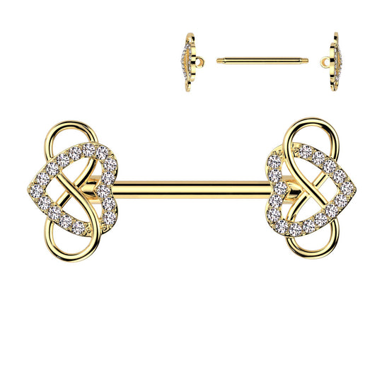 316L Surgical steel nipple barbell with gorgeous cubic zirconia adorned hearts and a swirl flourish, shown in gold plated. 14 Gauge X 12mm externally threaded.