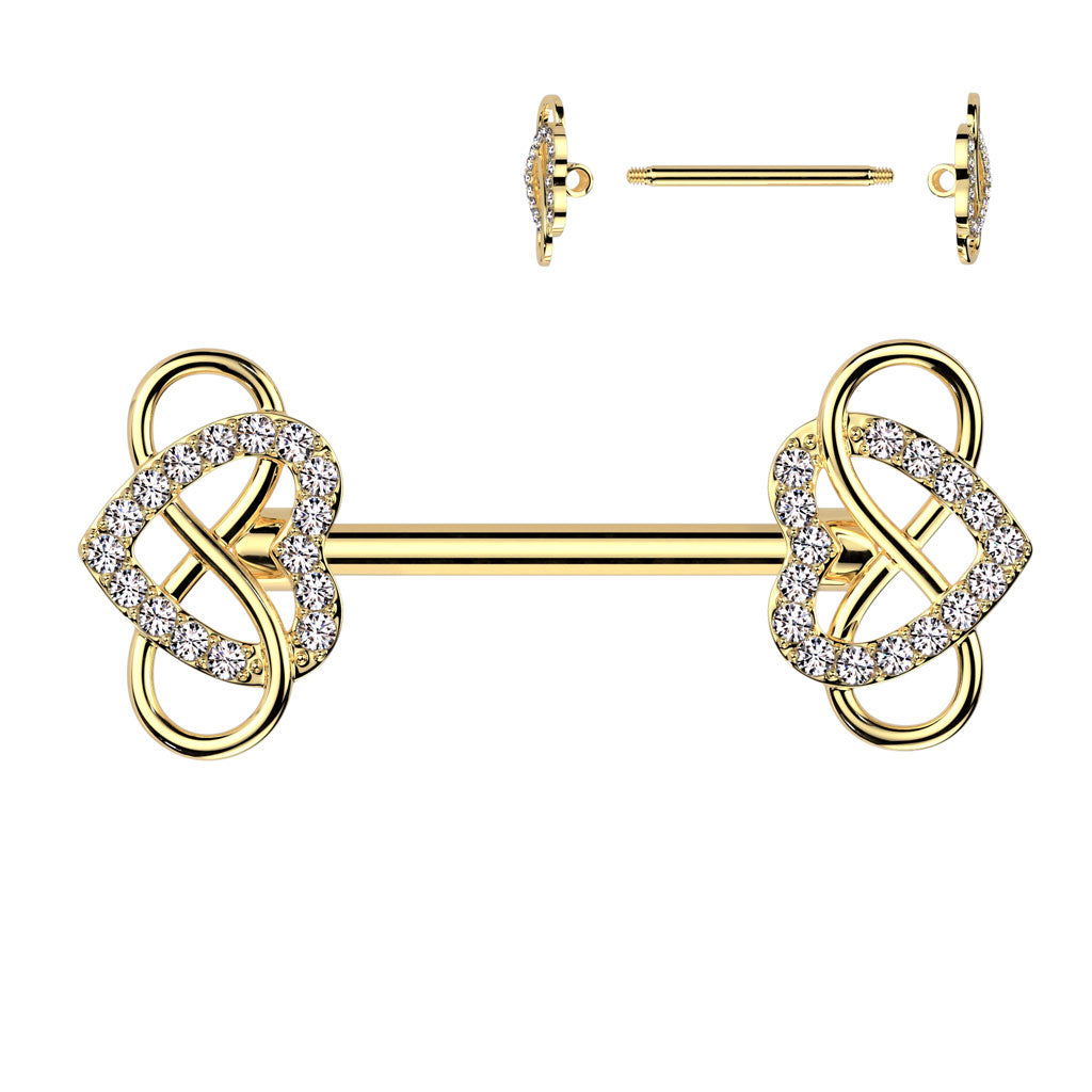 316L Surgical steel nipple barbell with gorgeous cubic zirconia adorned hearts and a swirl flourish, available in surgical steel or gold plated. 14 Gauge X 12mm externally threaded.