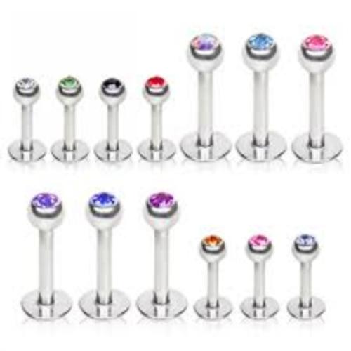 A set of multicolor 16G (1.2mm) surgical stainless steel labret stud piercings featuring cubic zirconia gem balls.