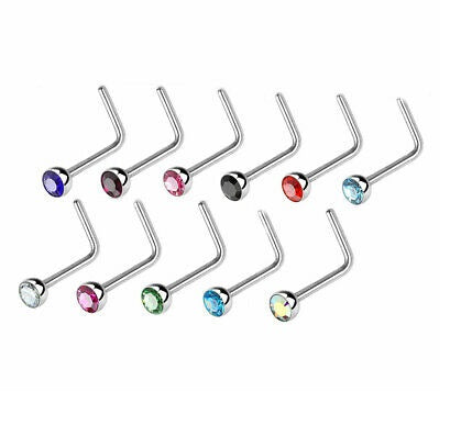 a set of L-shaped nose studs made from 316L surgical stainless steel, featuring multicolored cubic zirconia gems.