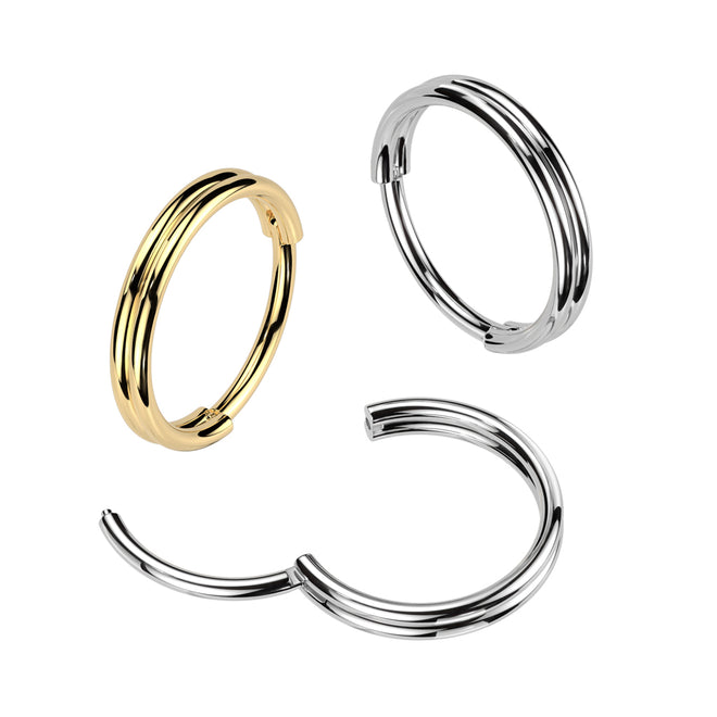 A 316L Surgical steel double nose hoop in an easy to use segment ring in steel or gold plated.  Just click the hoop open and closed.