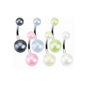 A set of five curved surgical steel belly button rings, each featuring a double faux pearl look with colorful spheres in grey, pink, blue, cream, and white.
