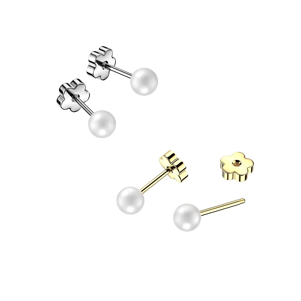 Earrings - Faux Pearl With Flower Back