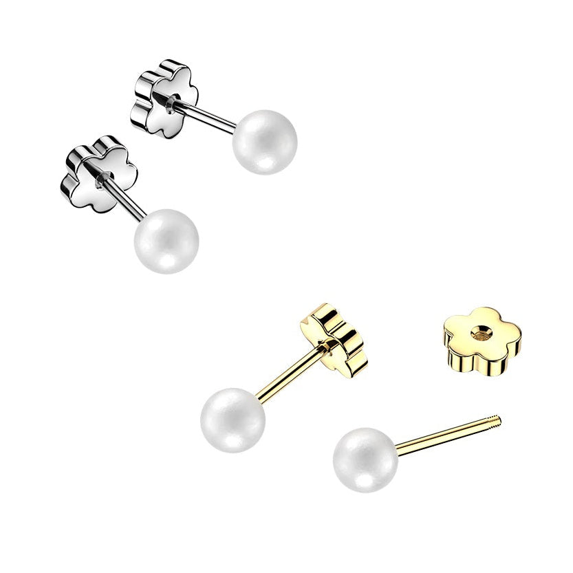 Earrings - Faux Pearl With Flower Back