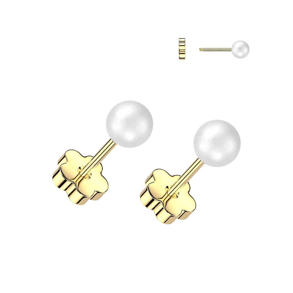Earrings - Faux Pearl With Flower Back