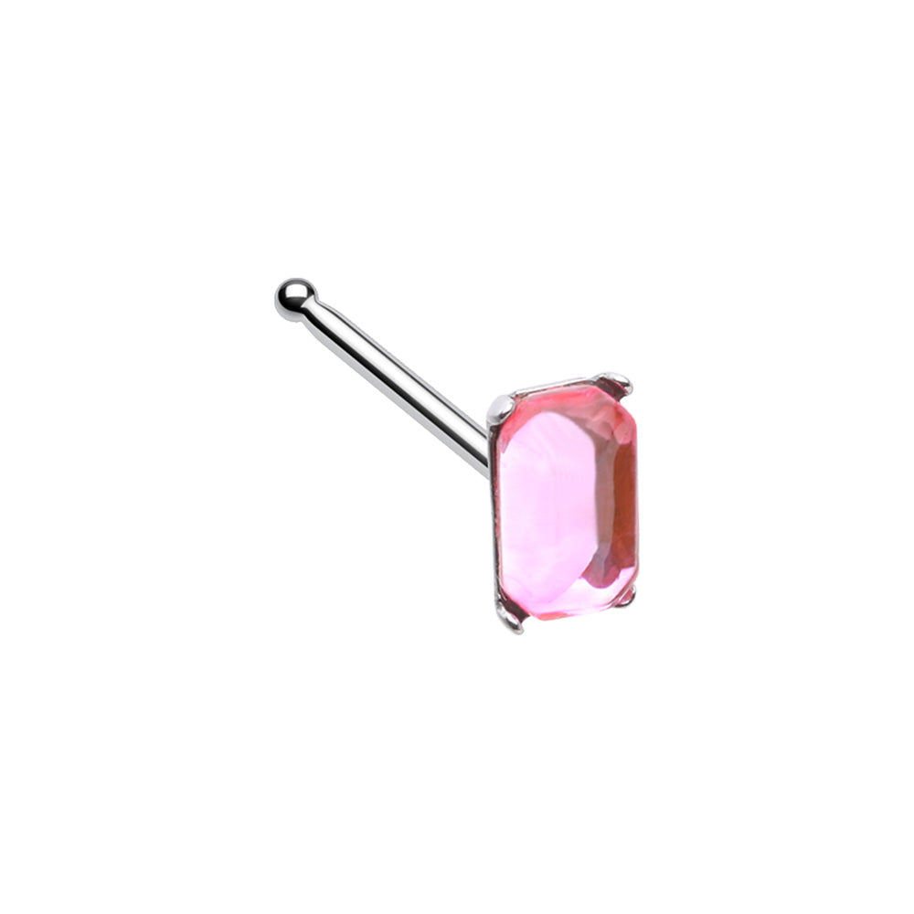 316L Surgical steel nose stud with a beautiful rectangle gem, held in with 4 prongs.  Available in nose bone or L-bend. Nose bone shown in pink.