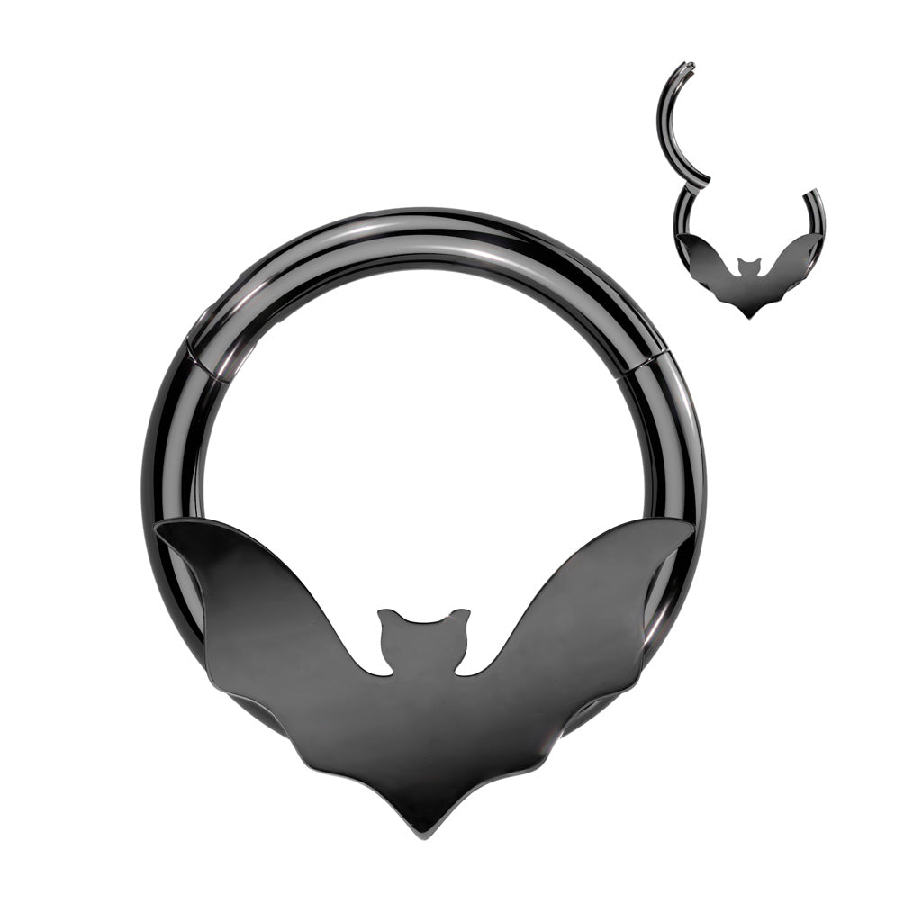 316L surgical steel hinged segment ring with bat design, in black.  Great for septum, daith, rook, helix, tragus, or even eyebrow or earlobe piercings.     Available in 2 different diameters, 8mm or 10mm.