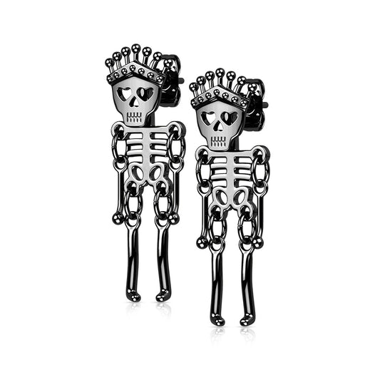 Stainless steel earrings with dangly skeleton, shown in black.