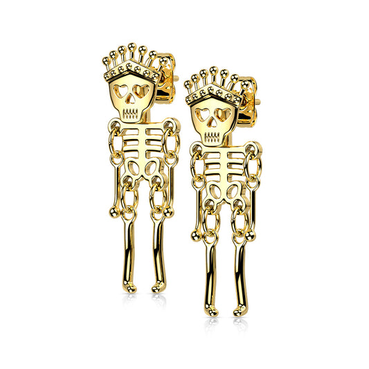 Stainless steel earrings with dangly skeleton, shown in gold plated.