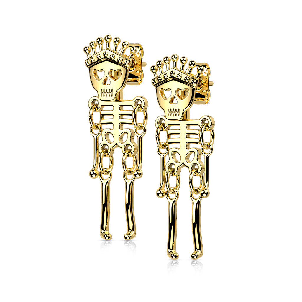Stainless steel earrings with dangly skeleton, shown in black.