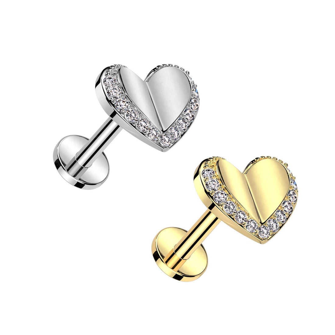 A stainless steel and gold plated  labret piercing jewellery featuring a heart-shaped top encrusted with cubic zirconia gem