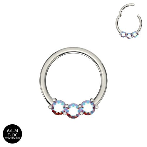 Titanium hinged segment ring with three AB gems. Great for septum, daith, rook, helix, tragus, or even eyebrow or earlobe piercings.